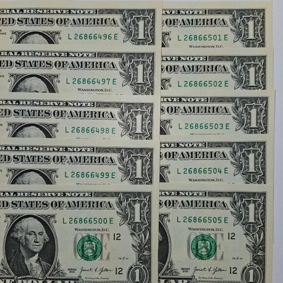 10 ($1) Dollar Bills Uncirculated Sequential (WITH SLEEVES) - Series 2021 (B190) - Picture 1 of 4